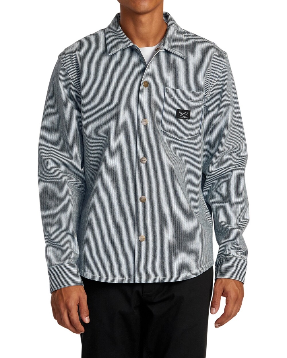 RVCA Chainmail Overshirt M Mens Blue Hickory White Striped Shacket Relaxed Fit